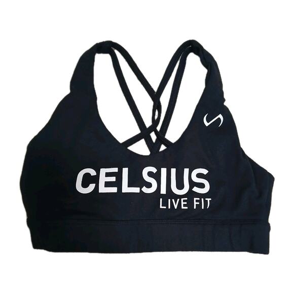 Celsius Live Fit Sports Bra Black Medium Criss Cross Back Strappy Activewear Gym - Picture 1 of 7